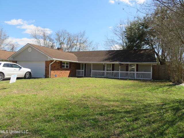 ranch-style home featuring fence, a porch, a front lawn, a garage, and brick siding