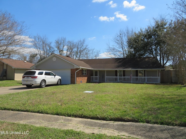 single story home featuring brick siding, a porch, concrete driveway, a front yard, and a garage