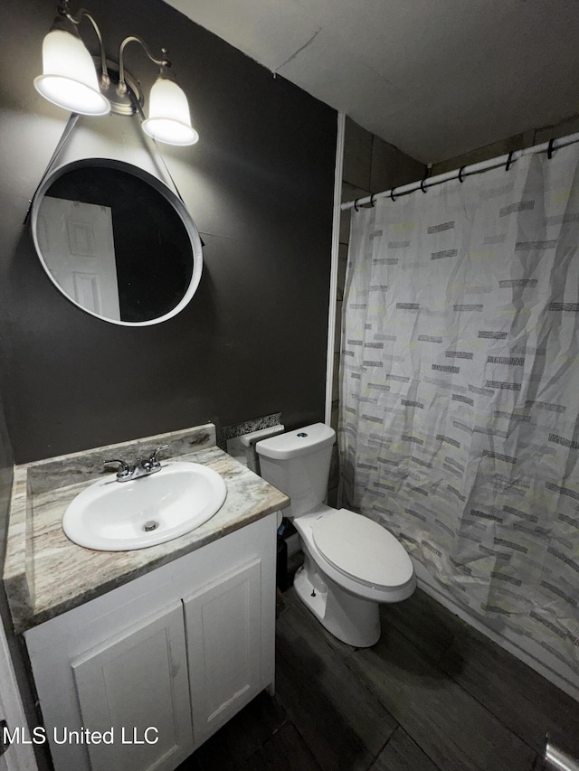 710 Benning Rd, Jackson, MS 39206 - bathroom featuring vanity, toilet, wood finished floors, and a shower with curtain
