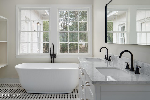 full bathroom featuring a freestanding bath, double vanity, and a sink