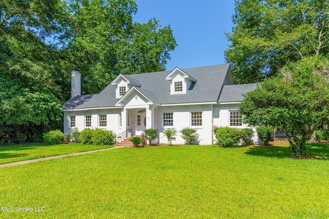 new england style home with a front lawn, a chimney, and a shingled roof