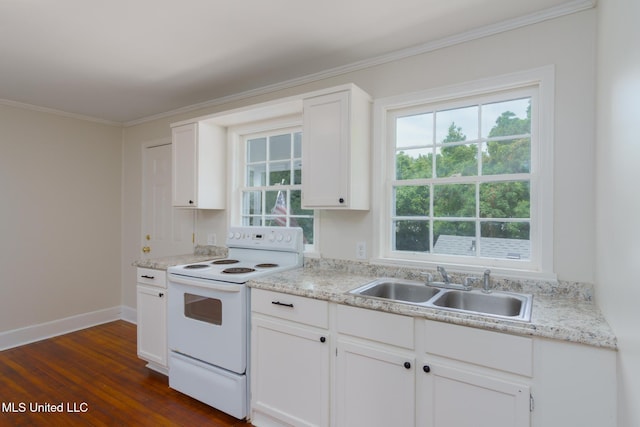 kitchen with white electric range, dark wood-type flooring, a sink, baseboards, and ornamental molding