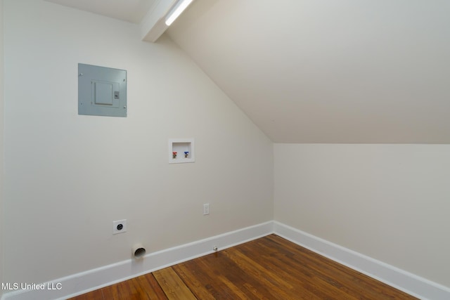 laundry area featuring washer hookup, dark wood-style flooring, laundry area, electric panel, and baseboards