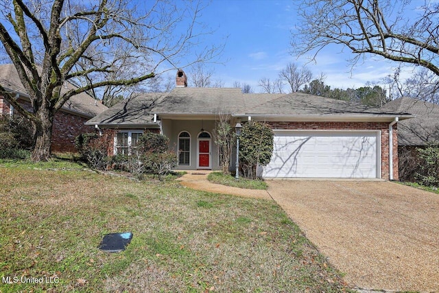 ranch-style house with a garage, concrete driveway, a chimney, a front lawn, and brick siding