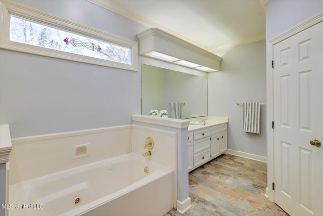 full bath with baseboards, ornamental molding, wood finished floors, a garden tub, and vanity