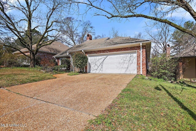 view of front of home featuring brick siding, a chimney, concrete driveway, an attached garage, and a front yard