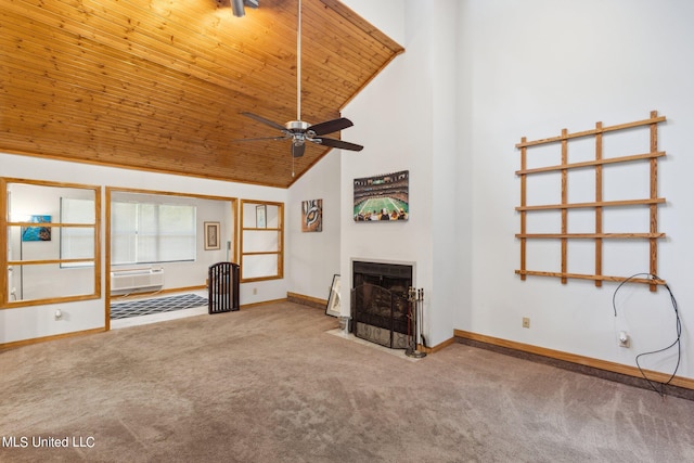 unfurnished living room with carpet floors, high vaulted ceiling, wooden ceiling, and ceiling fan