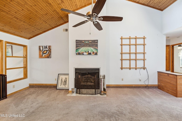 unfurnished living room featuring ceiling fan, light colored carpet, high vaulted ceiling, and wooden ceiling