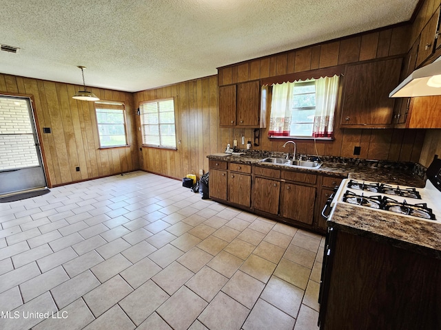 800 S Main St, Picayune, MS 39466 - kitchen featuring a sink, dark countertops, a textured ceiling, wood walls, and under cabinet range hood