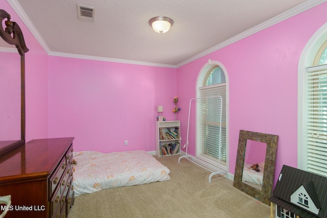 carpeted bedroom featuring a textured ceiling, multiple windows, visible vents, and crown molding