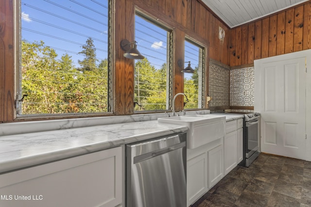 21021 Old River Rd, Vancleave, MS 39565 - kitchen featuring stainless steel appliances, wood walls, healthy amount of natural light, white cabinets, and stone finish flooring