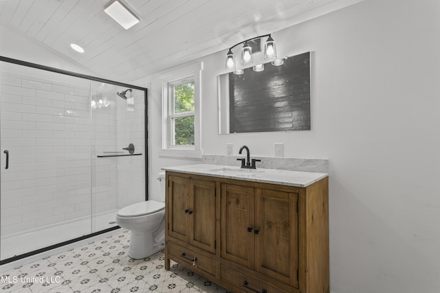 21021 Old River Rd, Vancleave, MS 39565 - bathroom featuring a chandelier, a stall shower, toilet, vanity, and vaulted ceiling