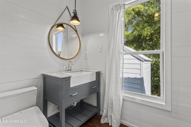 21021 Old River Rd, Vancleave, MS 39565 - half bathroom featuring vanity, toilet, and wood finished floors