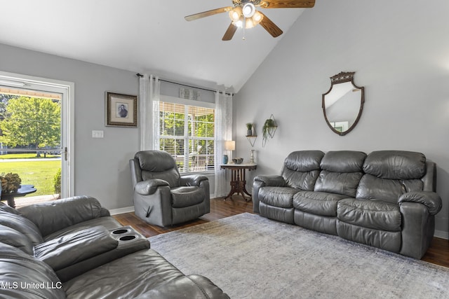 13625 Mount Pleasant Rd, Vancleave, MS 39565 - living area featuring a ceiling fan, wood finished floors, and high vaulted ceiling