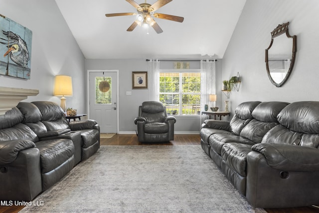 13625 Mount Pleasant Rd, Vancleave, MS 39565 - living area with wood finished floors, a ceiling fan, and high vaulted ceiling