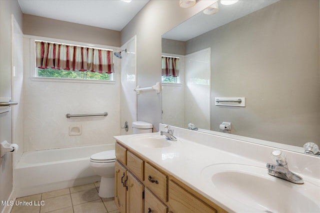 bathroom featuring tile patterned flooring, a sink, double vanity, and toilet
