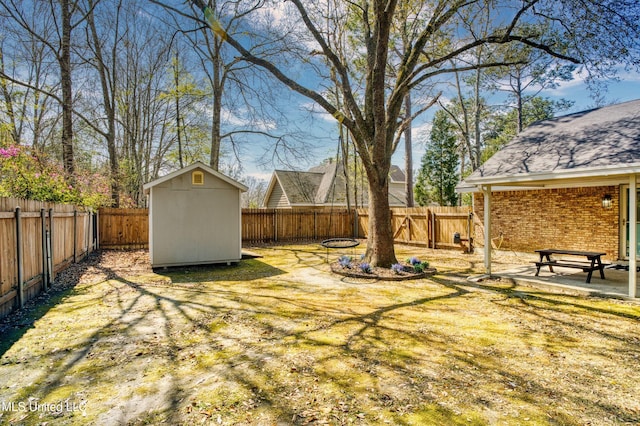 view of yard with a patio, an outbuilding, a fenced backyard, and a shed