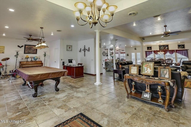 playroom with ornate columns, pool table, and ceiling fan