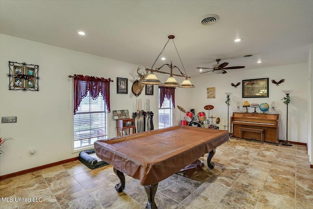 game room with ceiling fan and billiards