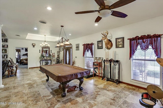 rec room featuring ceiling fan, pool table, and a raised ceiling