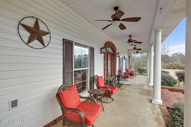 view of patio with a porch and ceiling fan