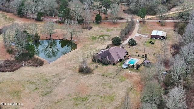 aerial view featuring a water view