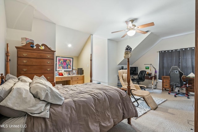 carpeted bedroom featuring vaulted ceiling and ceiling fan