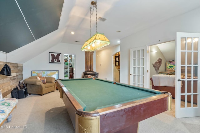 game room with french doors, vaulted ceiling, and light carpet