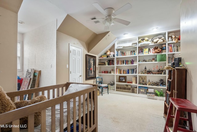 carpeted bedroom featuring ceiling fan