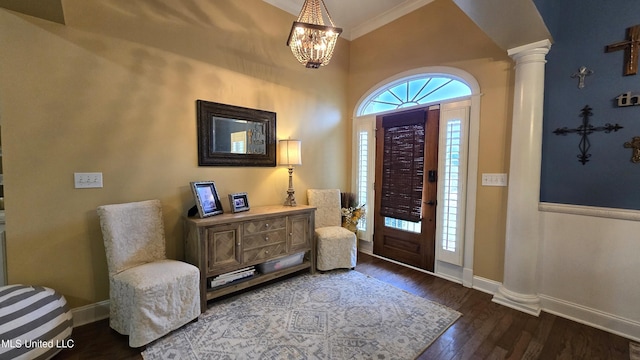 312 Grandview Ct, Pearl, MS 39208 - foyer featuring ornate columns, baseboards, crown molding, dark wood finished floors, and a chandelier