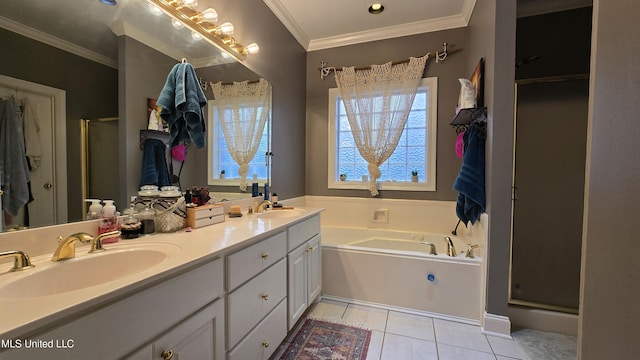 312 Grandview Ct, Pearl, MS 39208 - bathroom with a stall shower, a bath, double vanity, ornamental molding, and tile patterned floors