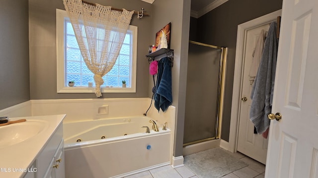 312 Grandview Ct, Pearl, MS 39208 - full bath featuring a shower stall, a jetted tub, tile patterned flooring, vanity, and ornamental molding
