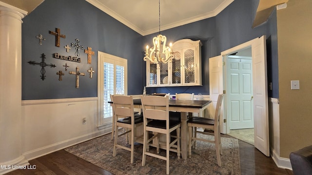 312 Grandview Ct, Pearl, MS 39208 - dining room with ornamental molding, a chandelier, dark wood-type flooring, baseboards, and ornate columns