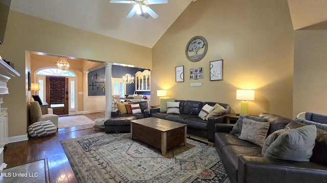 312 Grandview Ct, Pearl, MS 39208 - living room with a chandelier, high vaulted ceiling, wood finished floors, ornate columns, and ceiling fan