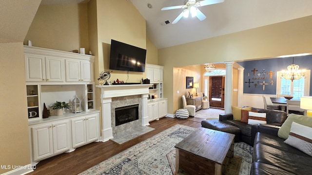 312 Grandview Ct, Pearl, MS 39208 - living area featuring high vaulted ceiling, ceiling fan, dark wood finished floors, a chandelier, and a premium fireplace
