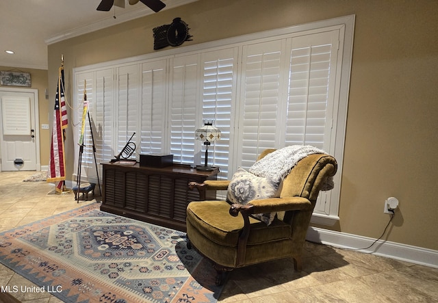 312 Grandview Ct, Pearl, MS 39208 - sitting room featuring ornamental molding, a ceiling fan, baseboards, and tile patterned floors