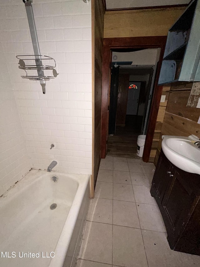 99 SW Railroad Rd, Roxie, MS 39661 - full bath with vanity, tile patterned flooring, and wooden walls