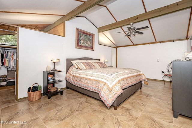 bedroom with lofted ceiling with beams and ceiling fan