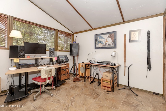 office space featuring lofted ceiling