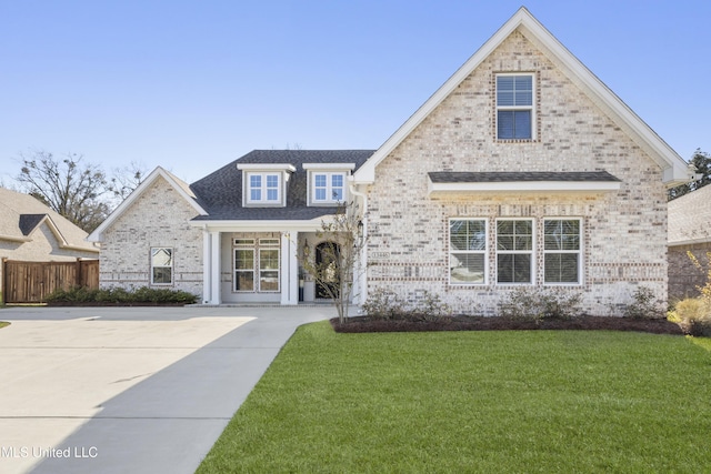 view of front of house with brick siding, a shingled roof, a front yard, and fence