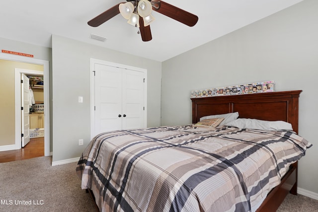 bedroom featuring a closet, carpet floors, and ceiling fan