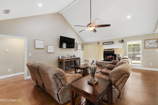 living room with a stone fireplace, beamed ceiling, high vaulted ceiling, and ceiling fan