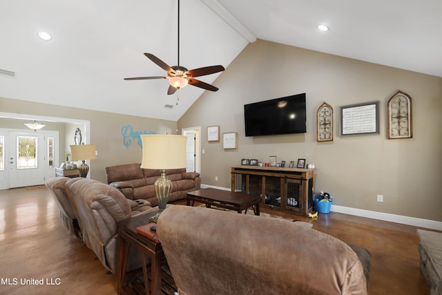 living room featuring a stone fireplace, beam ceiling, high vaulted ceiling, and ceiling fan