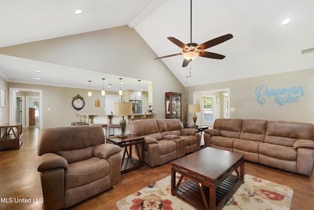 living room featuring ceiling fan, high vaulted ceiling, beam ceiling, and crown molding