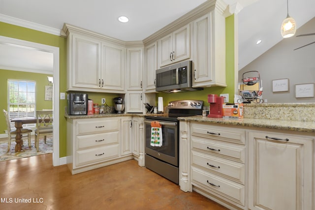 kitchen featuring cream cabinets, hanging light fixtures, appliances with stainless steel finishes, crown molding, and light stone counters