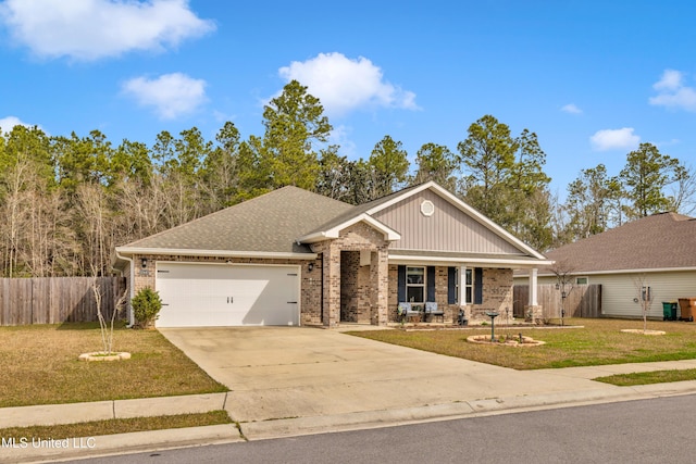 craftsman inspired home with brick siding, fence, and a front lawn