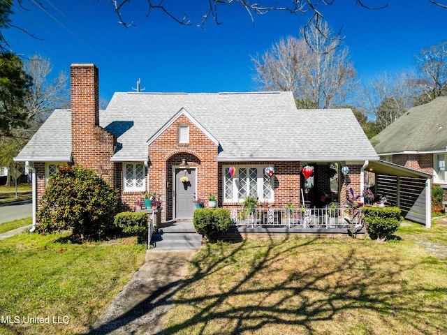 view of front of house featuring covered porch, a shingled roof, brick siding, a front lawn, and a chimney