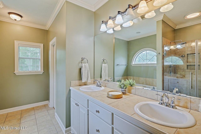 103 Cavitt Cv, Clinton, MS 39056 - full bath featuring a shower stall, double vanity, a bath, tile patterned floors, and ornamental molding