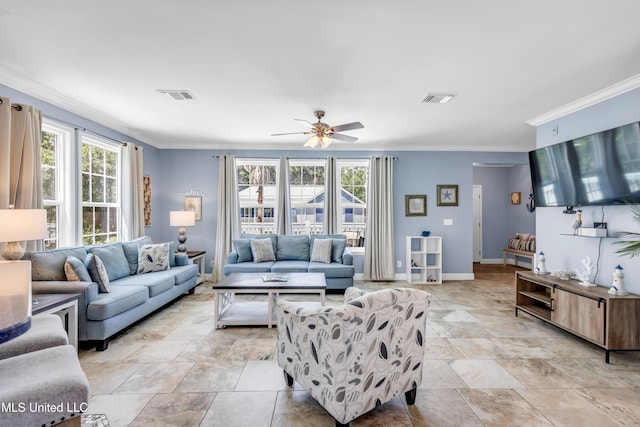 112 Vista Dr, Pass Christian, MS 39571 - living area featuring plenty of natural light, a ceiling fan, ornamental molding, and light stone finish floors