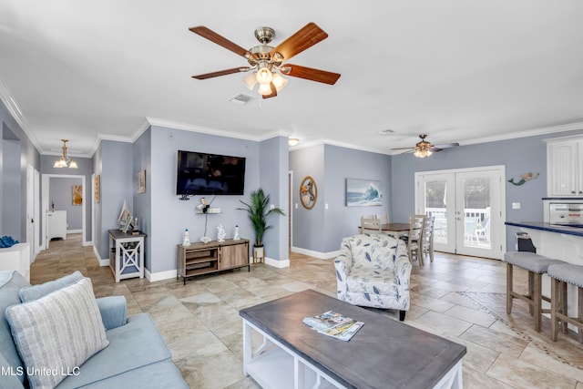 112 Vista Dr, Pass Christian, MS 39571 - living room with a ceiling fan, french doors, and crown molding